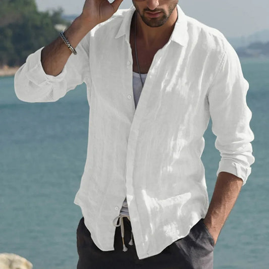 Men's Clothing Luxury Linen Shirts Solid Color Lapel Button-down Long Sleeve Streetwear Vintage Leisure Popular Blouse S-3XL